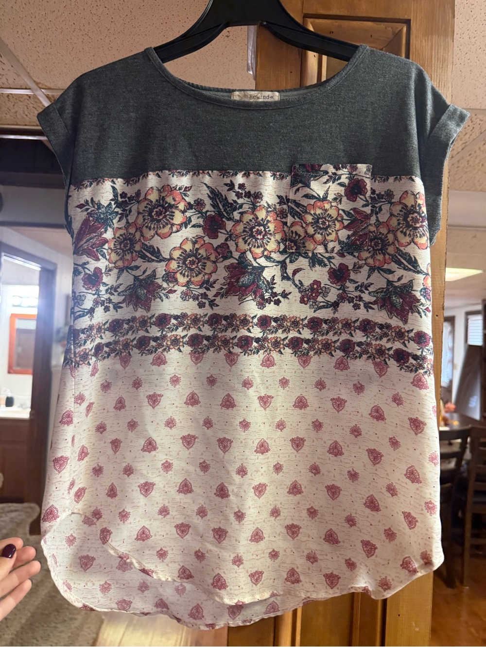 Rewind Floral Panel Blouse - Gray and Cream with Burgundy Accents